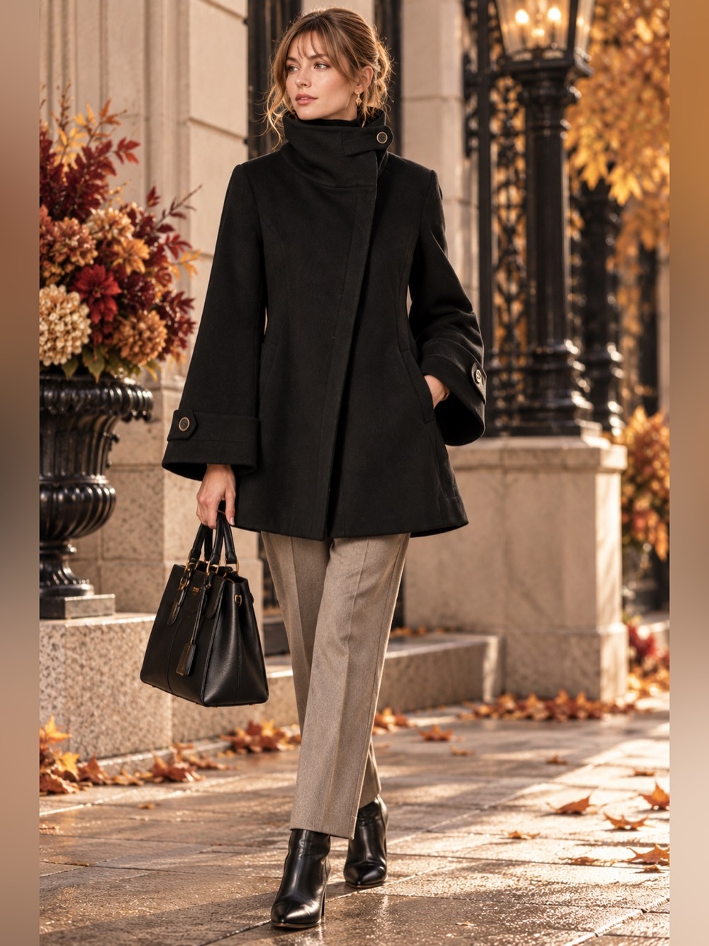 NWT Cole Haan Wool Cashmere Coat Black Asymmetrical Funnel Neck Size 8